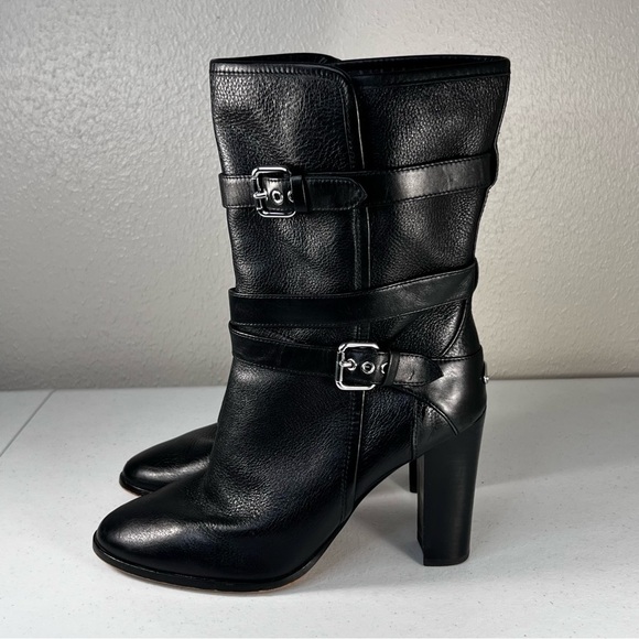 Coach Womens 9 Alexandra Black Leather Mid Calf Heeled Boots Buckle Booties - Picture 4 of 13